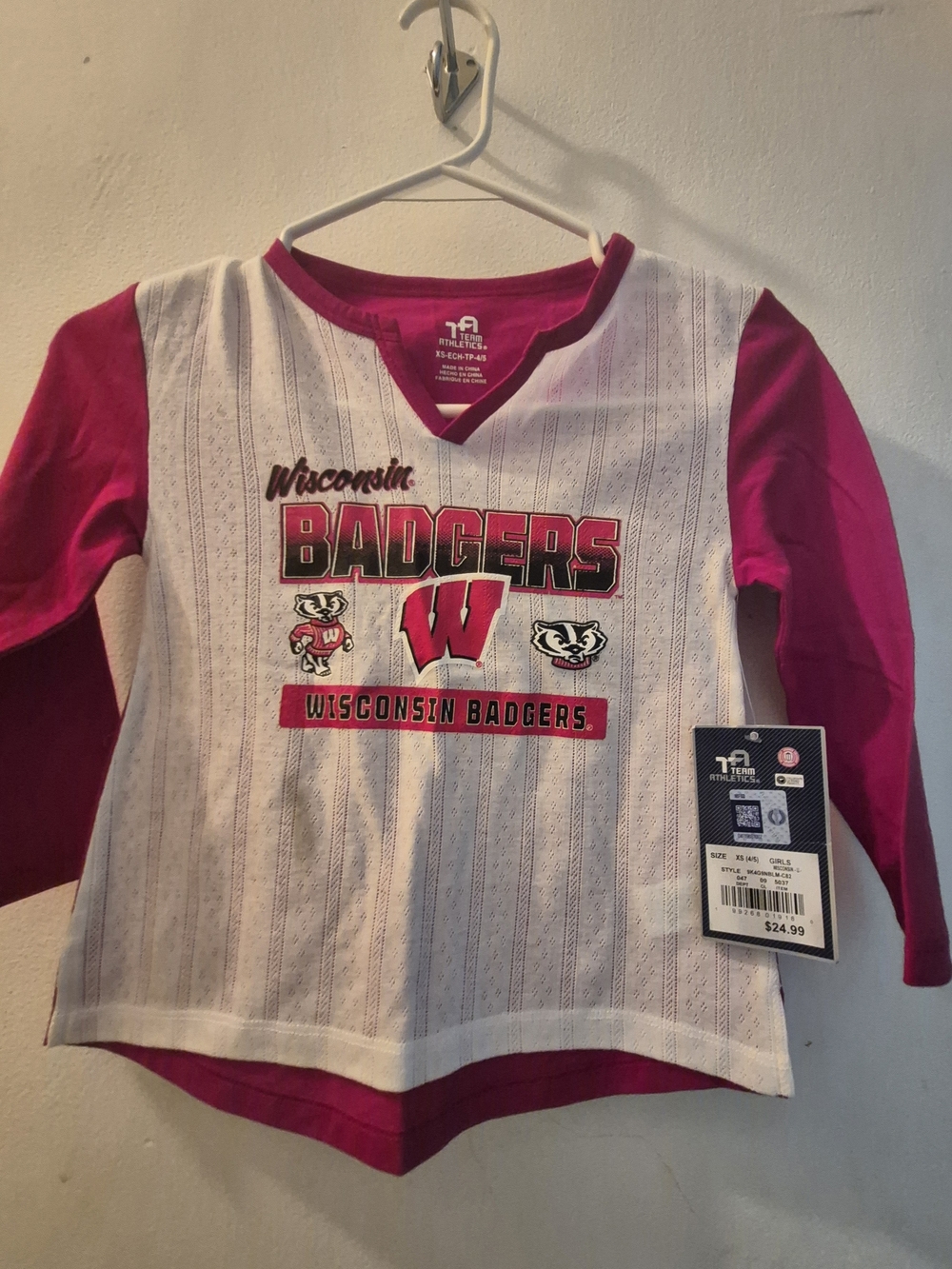 Wisconsin Badgers Kids Long-Sleeve Tee - Pink & White